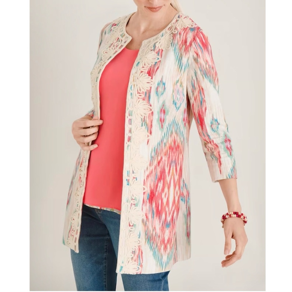 Chico’s Soutache Daintree Ikat Linen Jacket Women’s Size M Colorful Topper Boho